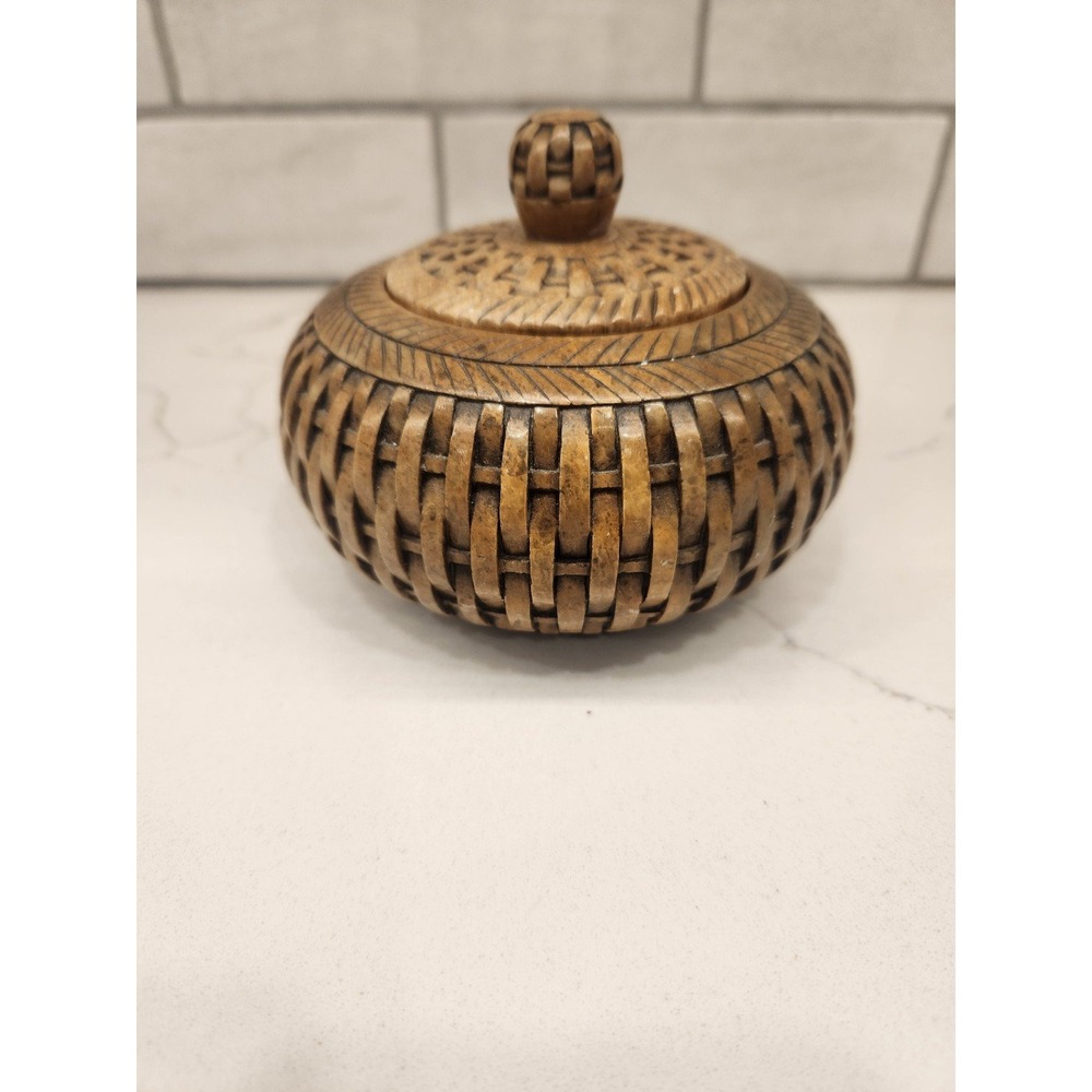 Vertical Wicker Weave Brown‎ Soapstone Jar Trinket Decor Box with Lid Heavy